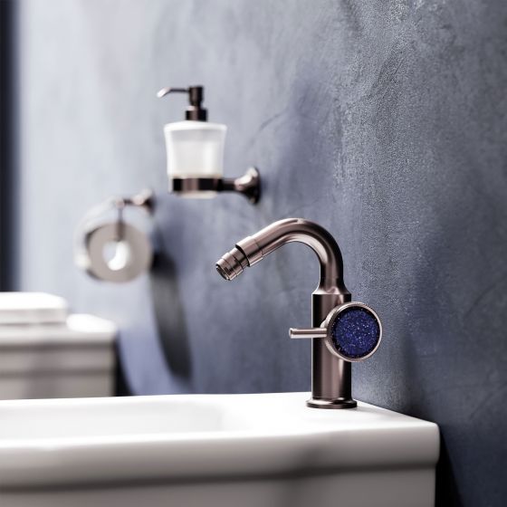 Jörger Design, Valencia, mink matt, blue aventurine, exclusive, elegant, modern, luxurious, design fitting, single lever bidet mixer, soap dispenser, toilet paper roll holder, WC, Delphi, sanitary ceramics, matt white 