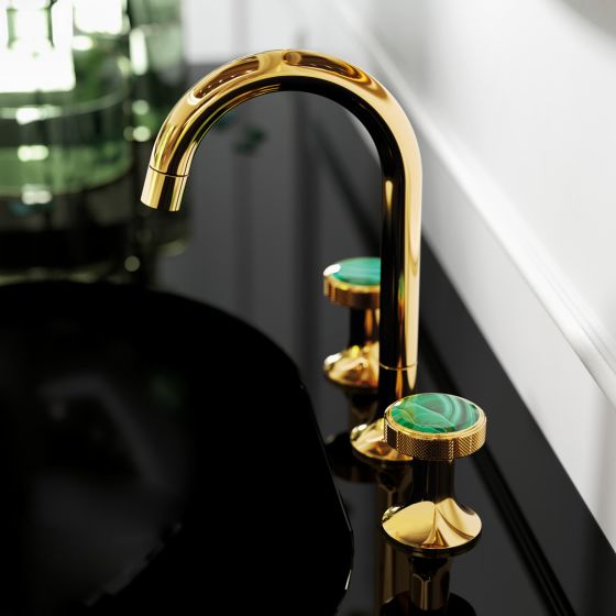 Jörger Design Valencia, дизайнерский смеситель на раковину, на 3 отверстия, 24-каратное золото, малахит, самоцвет, драгоценный камень, элитная сантехника, черная раковина, luxury