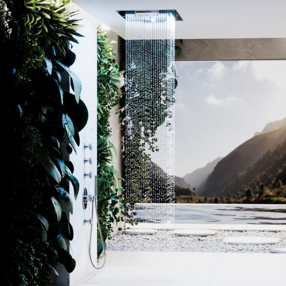 Jörger, Rainheaven, Axor, Shower Heaven, Regen-Himmel, Brause, Regenstrahl, Funktionen, Strahlarten, Farbtherapie, Chromotherapie, Duschkopf, Decken-Montage, groß, XXL, Luxus, Duschsystem, Unterputz, Thermostat, Spa, Wellness, Design, Lifestyle