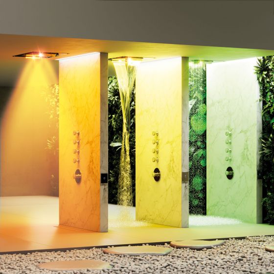 Jörger, Rainheaven, Axor, Shower Heaven, Regen-Himmel, Brause, Strahlarten, Farb, Chromo, Therapie, Duschkopf, Decken-Montage, groß, XXL, Luxus, Duschsystem, Unterputz, Thermostat, Spa, Körper, Geist, Seele, Wohlbefinden, Gesundheit, Lifestyle