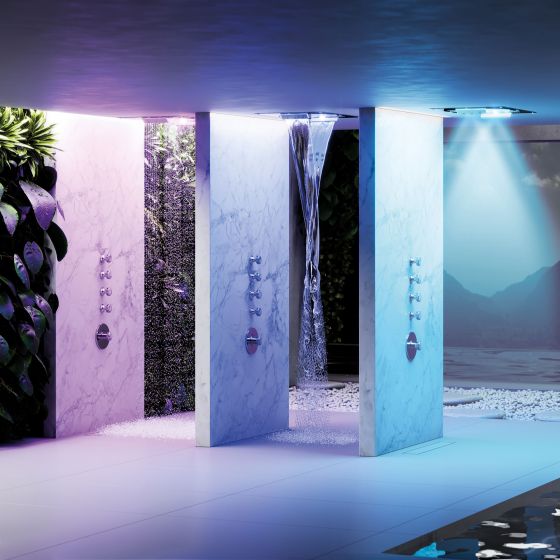 Jörger Design, Spa, Wellness, Luxus, Valencia, Platin, weißer Türkis, exklusiv, elegant, modern, Duschpaneel, Decken, Regen, Dusche, Wasserfall, Duschkopf, Farb-Therapie, Chromo-Therapie, Unterputz-Thermostat, Ventil-Module, Handbrause