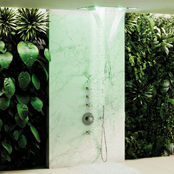 Jörger, Rainheaven, Axor, Shower Heaven, Regen-Himmel, Regenbrause, Duschkopf, Strahlarten, Farbtherapie, Chromotherapie, Decken, Montage, Luxus, Duschsystem, Unterputz, Thermostat, Ventile, Handbrause, Spa, Wellness, Design, Lifestyle