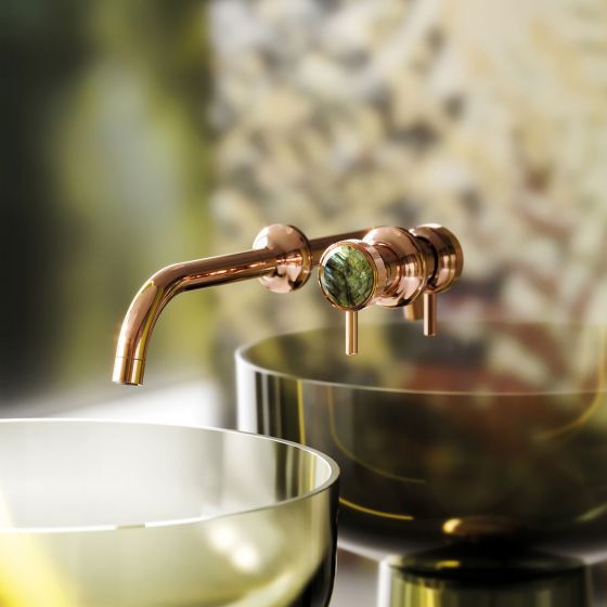 Jörger Design,  Valencia, однорычажный смеситель, настенный, интегрированный в зеркало, дизайнерский, лабрадорит, розовое золото, самоцвет, натуральный камень, зеленый, элитная сантехника, раковина стеклянная