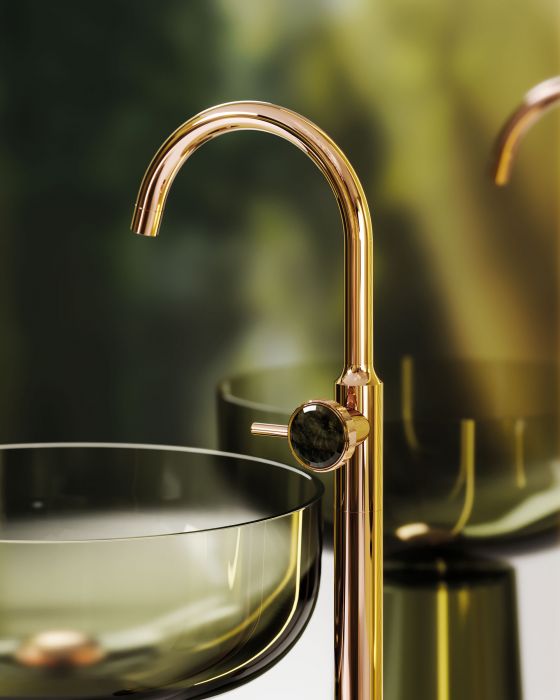 Jörger Design, Bad, Ästhetik, Luxus, Armaturen, Valencia, Roségold, Labradorit, Schmuckedition, Naturstein, einzigartig, elegant, charmant, luxuriös, frei stehend, Waschtisch Ein-Hand Batterie, Einhebelmischer, Albume, Antonio Lupi