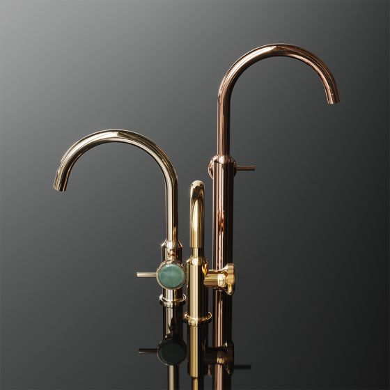 Jörger Design, Valencia, дизайнерский однорычажный смеситель, на раковину, на ванну, розовое золото, позолоченная латунь, золото, зеленый авантюрин, натуральный камень, XL, высокий смеситель, дорогой, ювелирный 
