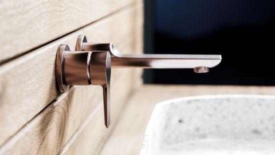 Jörger Design, Exal, bathroom, faucet, fitting, washbasin, single lever wall washbasin mixer, wall model, basin mixer, mink, matt, finish, lifestyle, contemporary, modern, elegant