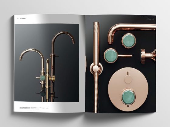Jörger Design, Valencia, Broschüre, Bad Ästhetik, Doppelseite, Armaturen, Naturstein, grüner Aventurin, Griff-Einlage, Schmuck-Edition, Ein-Hebelmischer, Rosegold, Messing, XXL format, exklusive, stilvoll, luxuriös, 