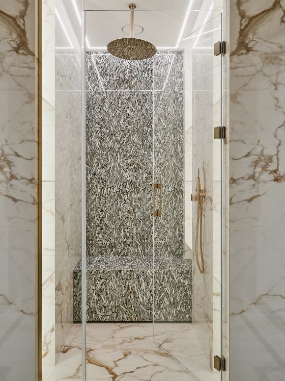 Jörger Design, Valencia, shower set, 300 mm overhead shower, sunshine matt, black crystal, Ekaterina Gorbunova, bench into niche, natural stone, mosaic, marble, gold, 