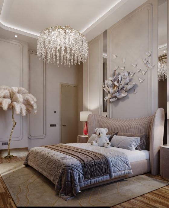 gemütliches Mädchenzimmer, Innenarchitekt Andrey Silaev, Palmen-Stehlampe, Wandobjekt,  Kristalltauben, Dekorative Lüster, luxury, märchenhaft, kreatives interieur, Schlaffzimmer