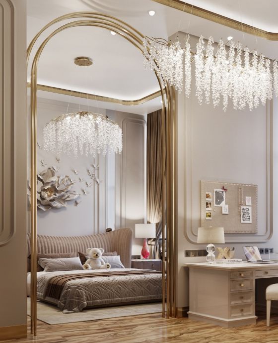 Schlafzimmer des Mädchens, Innenarchitekt Andrey Silaev, Messingbogen, luxury, märchenhaft, Beleuchtung, elegant, decorativ, 
