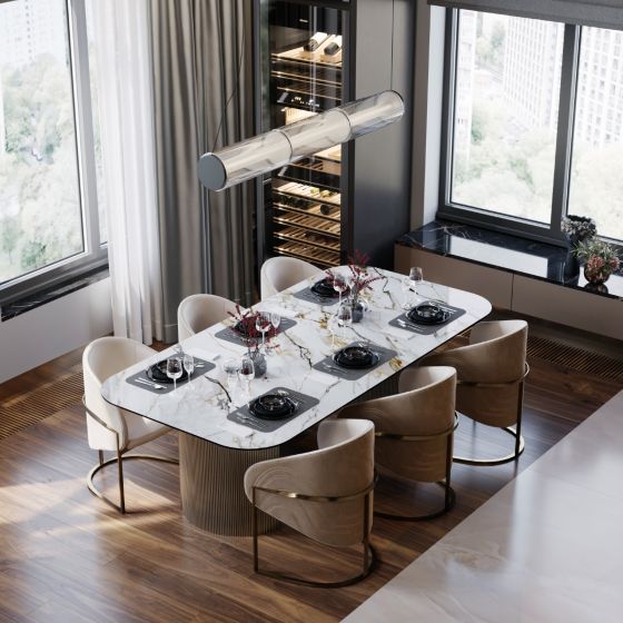 elegantes Interieur, Innenarchitekt Andrey Silaev, Wohnküche, Art Deco, Esstisch, Visionnaire home, marmor, faszinieren, Dekorative Beleuchtung,