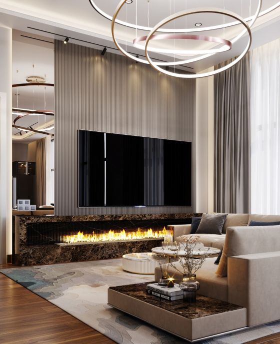 Wohnzimmer mit Kamin, Innenarchitekt Andrey Silaev, modern interieur, luxury, Beleuchtung, raffiniert, elegant, stilvoll, luxus