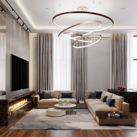 elegant Interieur, Innenarchitekt Andrey Silaev, Wohnzimmer mit Kamin, Visionnaire, Dekorative Lüster, couchtisch, marmor, modern, luxury, 