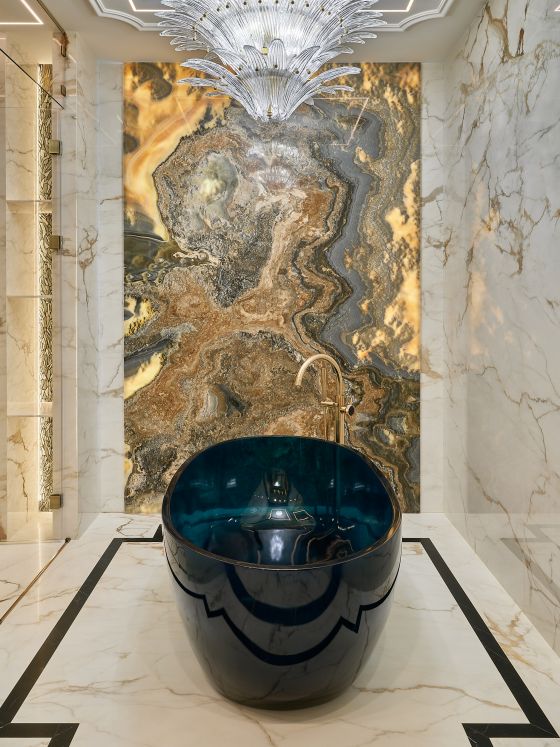 Jörger Design, Valencia, design taps, single-lever, floor mixer, sunshine matt, black crystal, art deco, Ekaterina Gorbunova, onyx panel, oval bathtub, Antonio Lupi, bathroom, elegant, gold, luxury, sophisticated