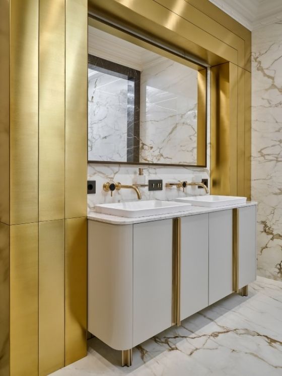 Jörger Design, Valencia, однорычажный смеситель, настенный, латунь, тумба на 2 раковины, mia italia, ар-деко, Екатерина Горбунова дизайнер, золото, люкс