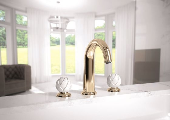 JÖRGER Belledor Смеситель для раковины на 3 отверстия, благородная латунь и ручки из белого фарфора FÜRSTENBERG 