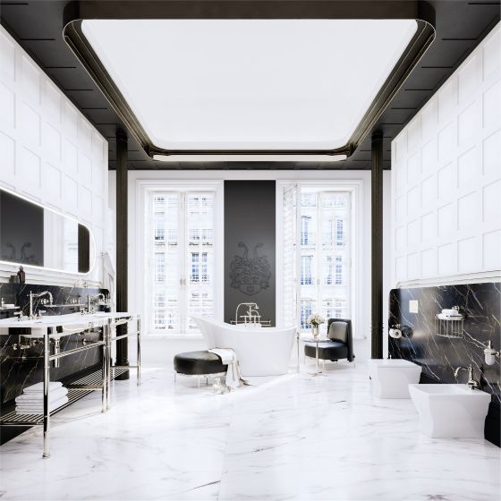 Jörger Design, Delphi, polished nickel, bathroom, washbasin fittings, bathtub, bidet, bathroom accessories, romanesque, luxurious, stylish, black and white, joerger